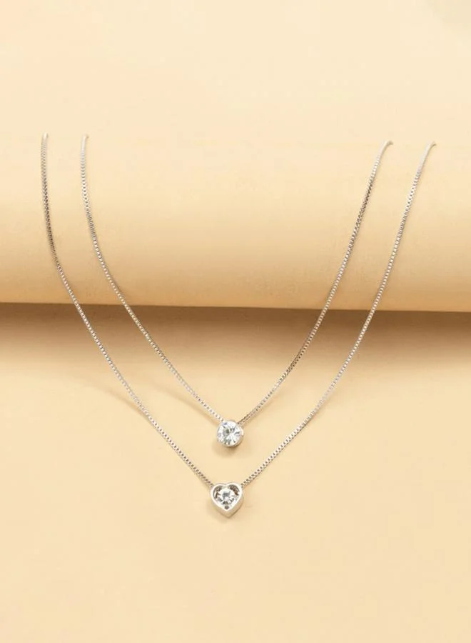 Take Two Women Silver Double Chain Necklace With Heart And Crystal Pendants